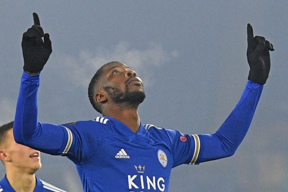  Kelechi Iheanacho celebrates after scoring for Leicester (AFP via Getty Images)