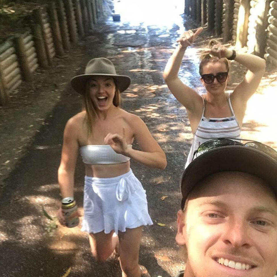 Ms French (left) with two friends near the Cahills crossing on May 11.