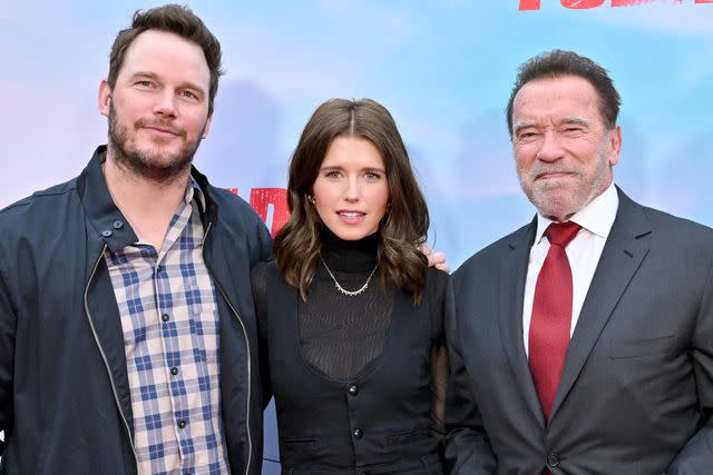 <p>Axelle/Bauer-Griffin/FilmMagic</p> Chris Pratt, Katherine Schwarzenegger, Arnold Schwarzenegger, May 2023