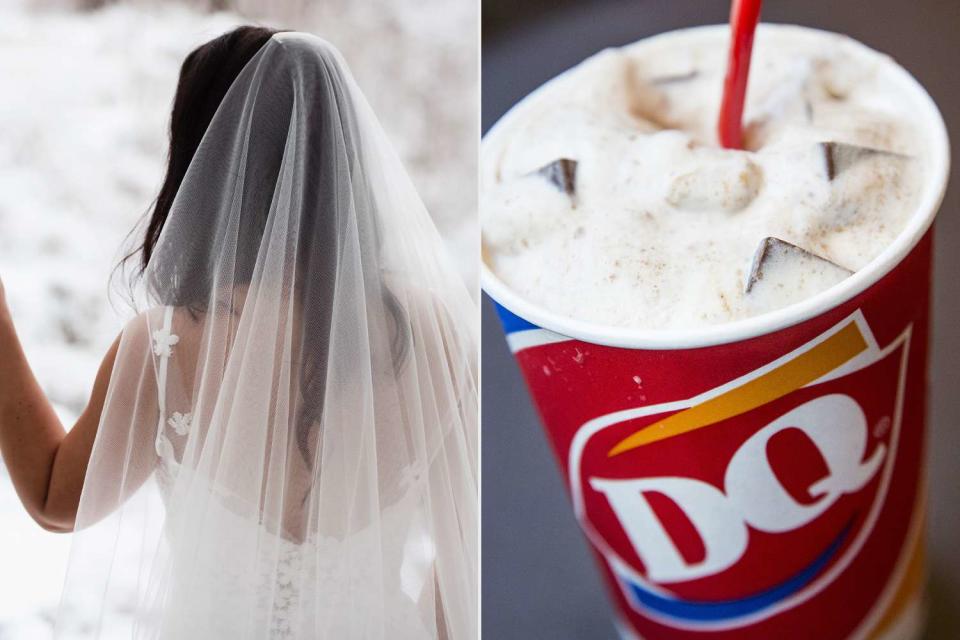 <p>Getty</p> A stock photo of a bride and a Dairy Queen Blizzard