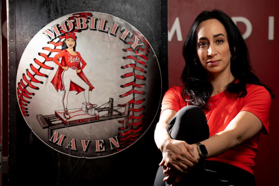 Robyn Cohen, Cincinnati Reds Pilates and Mobility coach, poses for a portrait in the training room of Great American Ball Park in Cincinnati on Wednesday, Feb. 8, 2023. 