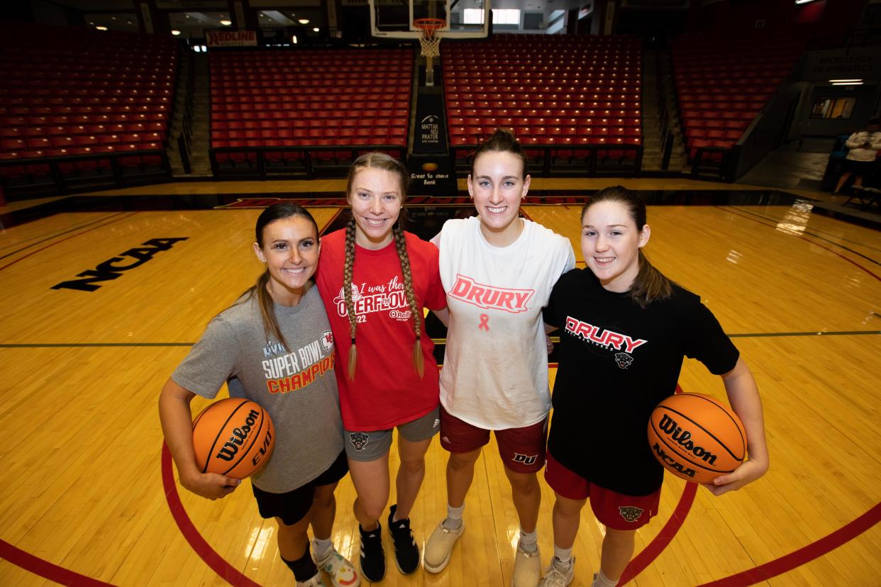 Kaylee DaMitz-Holt (Skyline), Alana Findley (Fair Grove), Reece Schaaf (El Dorado Springs) and Allie Clevenger (Clever) are a big reason the Drury women's basketball is ranked second in NCAA Division II.