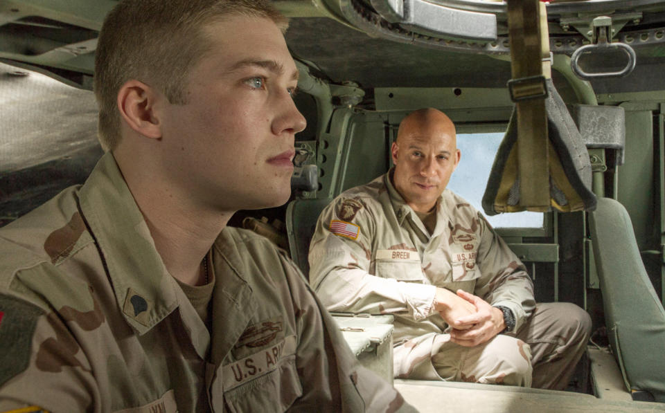 Joe Alwyn and Vin Diesel share a moment during their enlistment in "Billy Lynn's Long Halftime Walk"