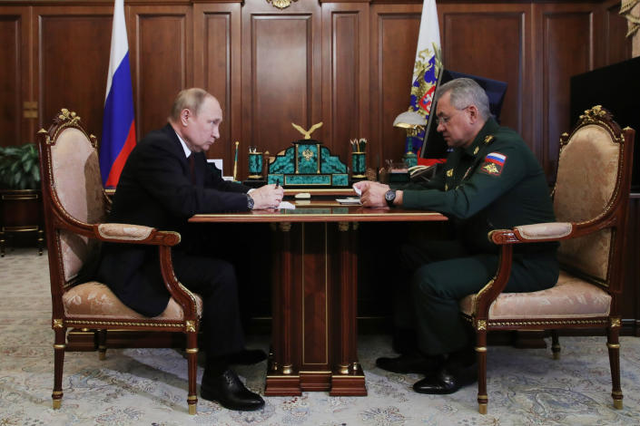 Russia President Vladimir Putin Meets Defense Minister Sergey Shoigu at Kremlin in Moscow (Mikhail Klimentyev / Sputnik via AP file)