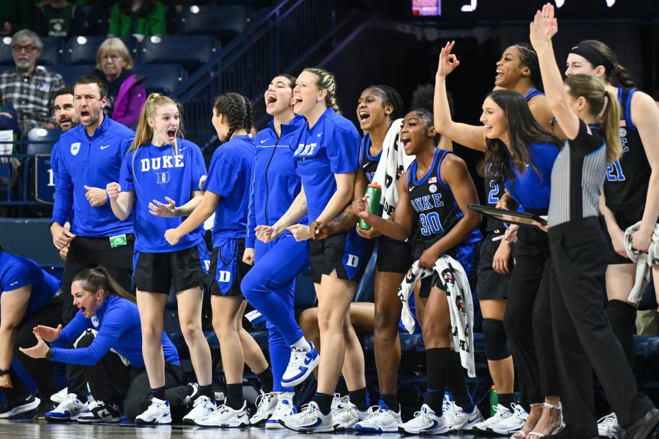 Former B-R standout Shay Bollin (center) and her Duke teammates celebrate a three-pointer during a game against Notre Dame on Feb. 5, 2023.