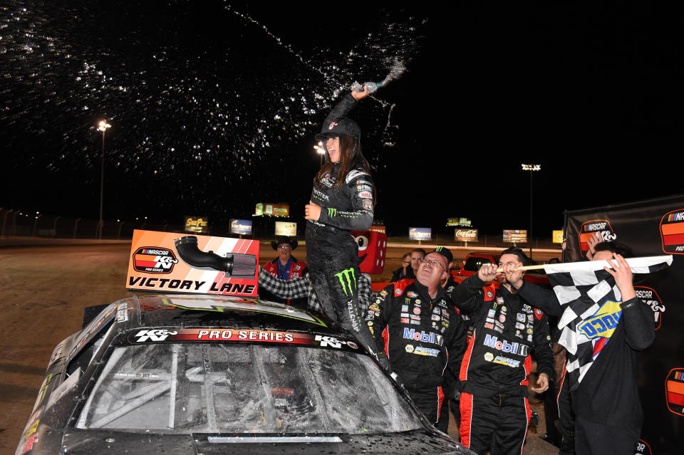 LAS VEGAS, NV - FEBRUARY 28: Hailie Deegan (19) NASCAR K&N Pro West Series Toyota Camry celebrates the victory during the NASCAR K&N Pro Series West Star Nursery 100 ON February 28, 2019, at The Dirt Track at Las Vegas Motor Speedway in Las Vegas, NV. (Photo by Chris Williams/Icon Sportswire via Getty Images)