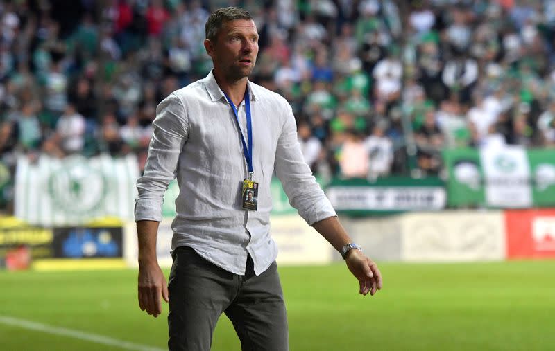 Bohemians Prague coach Martin Hasek reacts during their Czech top-tier soccer competition match in Prague