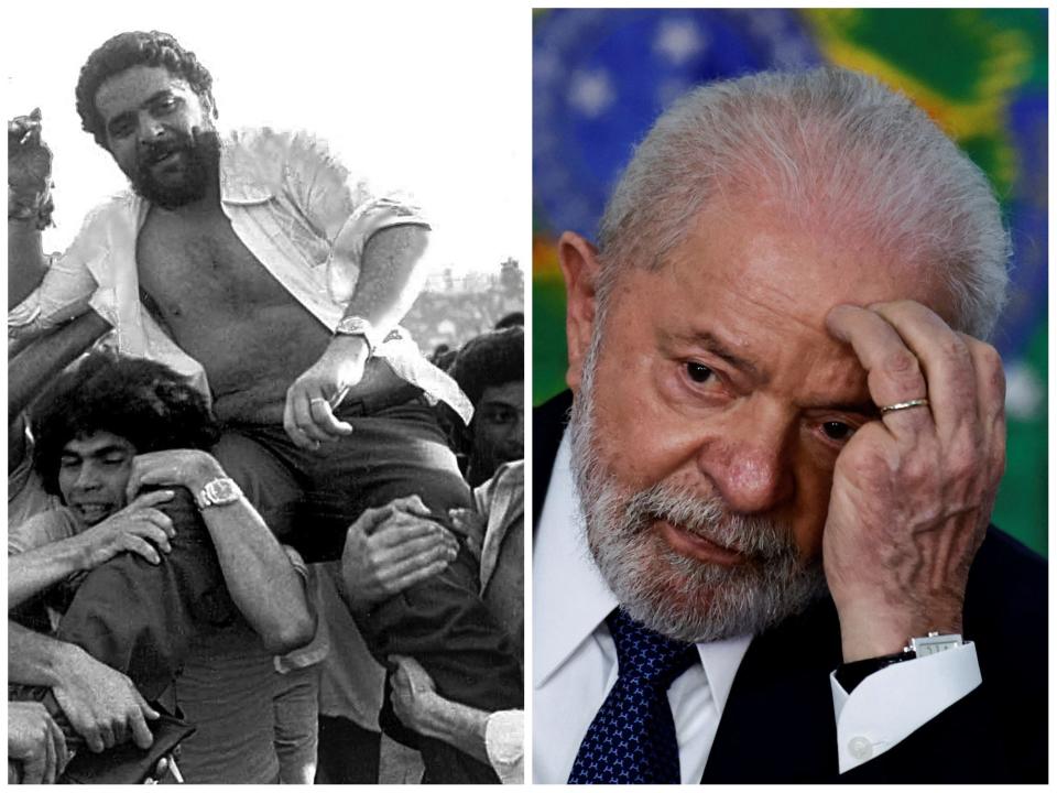 Side-by-side: Left, a black-and-white image of Luiz Inácio Lula da Silva, commonly known as Lula, being lifted on the shoulders of fellow trade unionists in 1979. Right, a close-up of him as president in 2023. In both images the little finger of his left hand is missing.