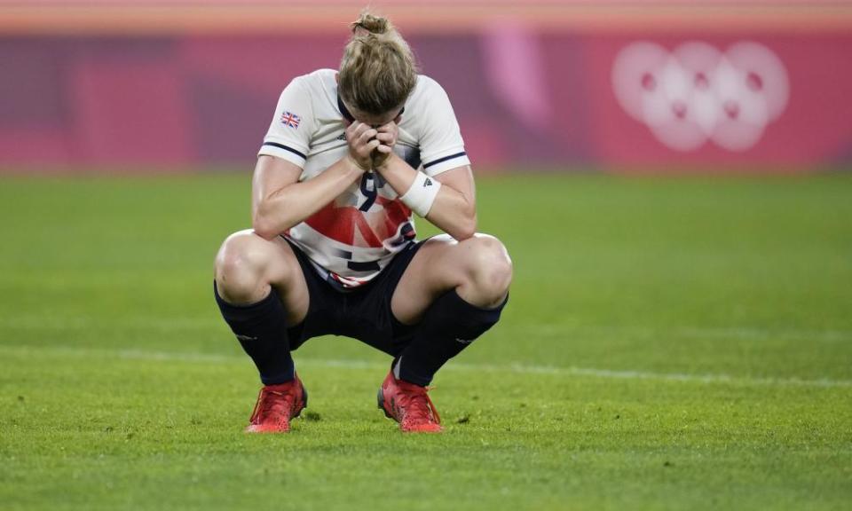 Team GB’s hat-trick-scoring striker Ellen White is a picture of despair at at full-time.