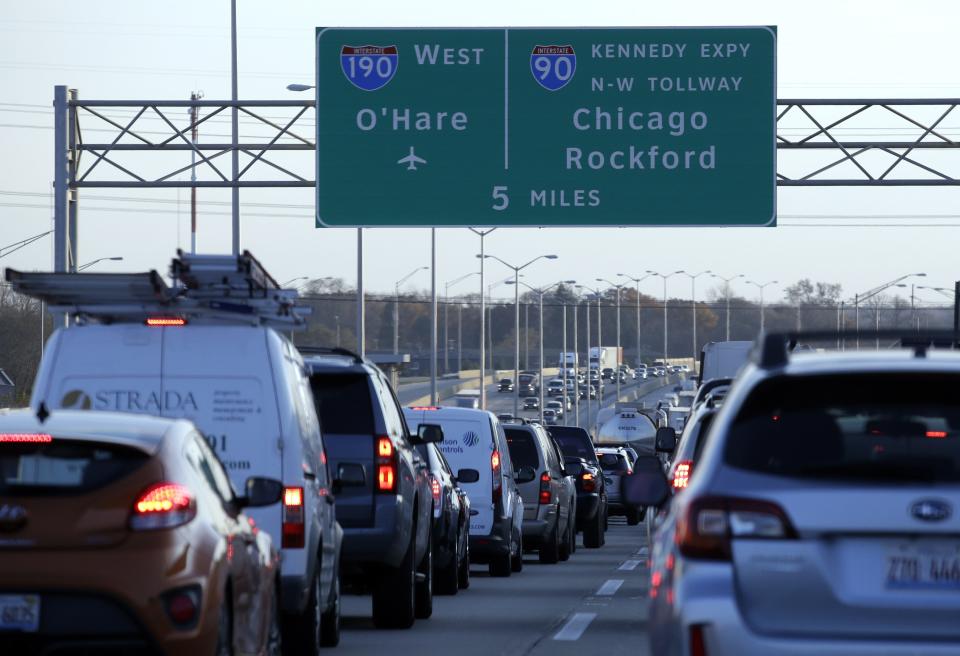 Heavy traffic is seen on an expressway near O'Hare International Airport in Chicago.