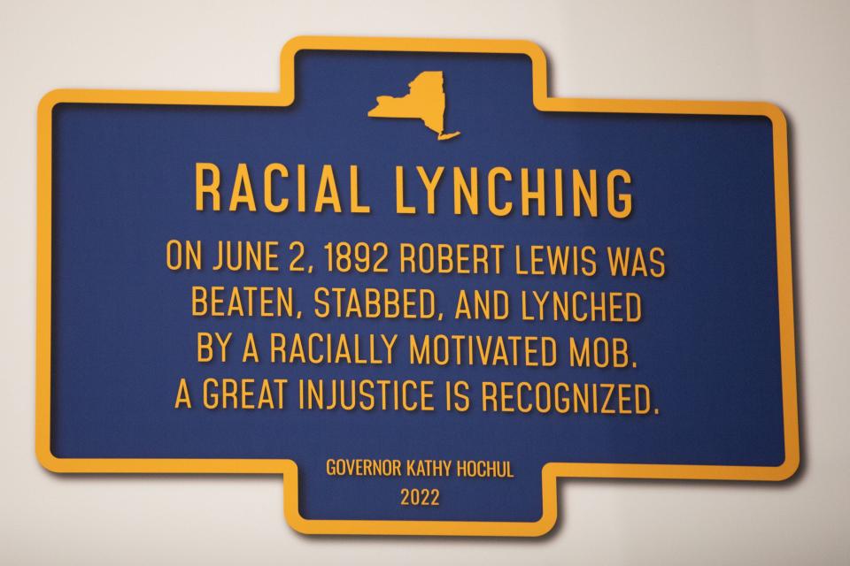 A historical marker recognizing the injustices to Robert Lewis in Port Jervis in 1892 was shown at a February news conference in Newburgh with Gov. Kathy Hochul.