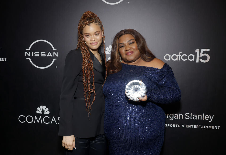 BEVERLY HILLS, CALIFORNIA - FEBRUARY 21: (L-R) Andra Day and Da'Vine Joy Randolph, winner of the Best Supporting Actress Award for "The Holdovers" attend the 15th Annual AAFCA Awards at Beverly Wilshire, A Four Seasons Hotel on February 21, 2024 in Beverly Hills, California. (Photo by Emma McIntyre/Getty Images)