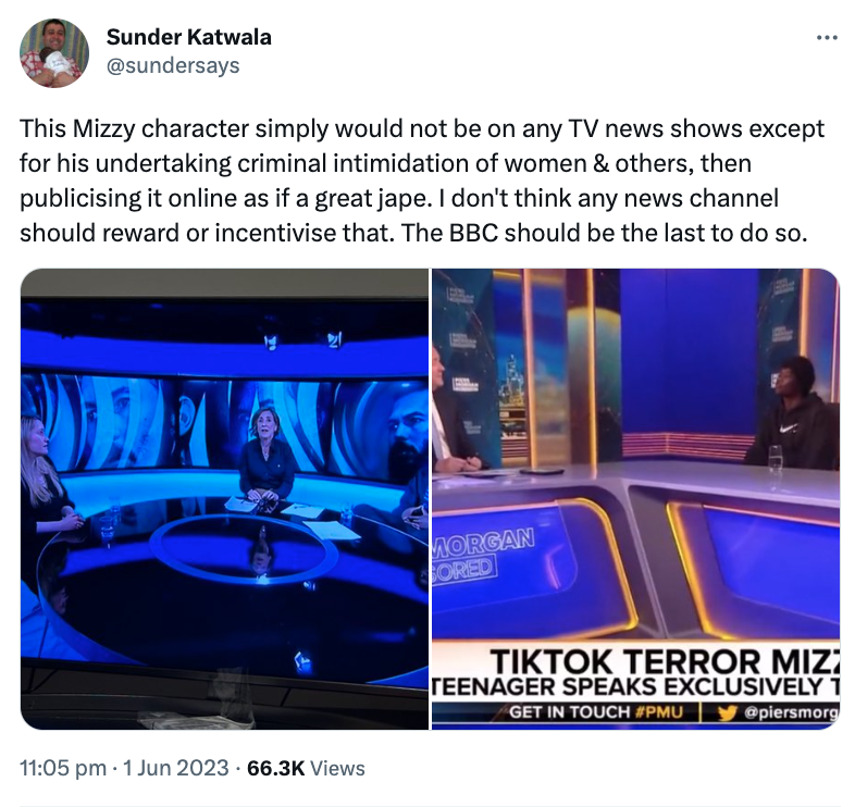 The BBC came under fire for inviting TikTok prankster Mizzy on to Newsnight. (Twitter/Sunder Katwala)