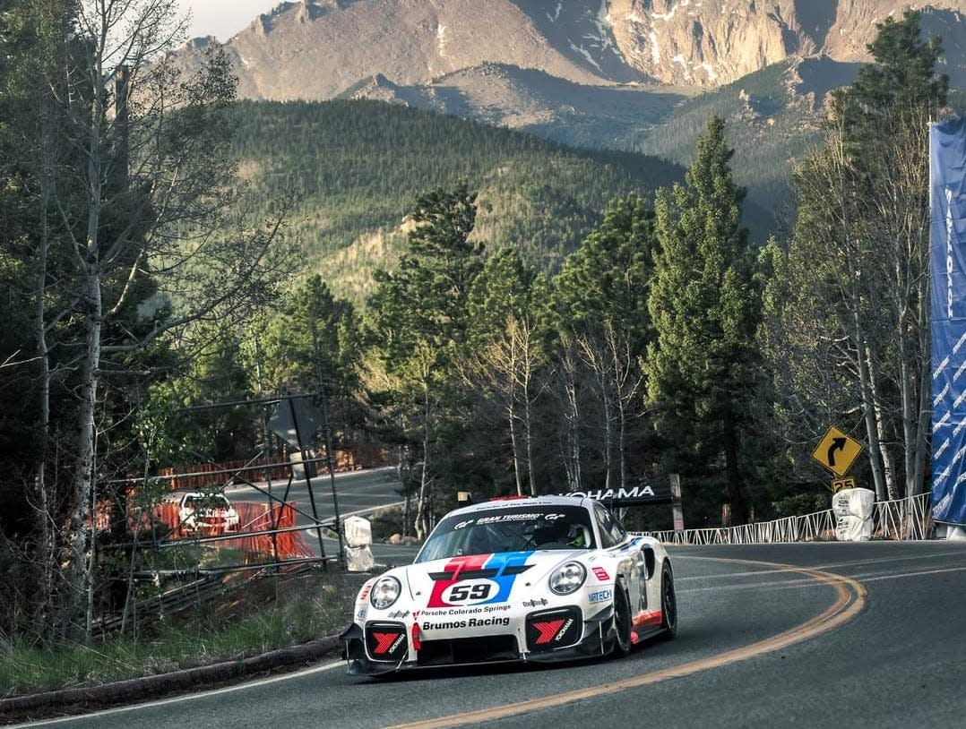 David Donohue takes his Brumos Racing Porsche GT2 RS Clubsport up Pikes Peak during a recent practice.