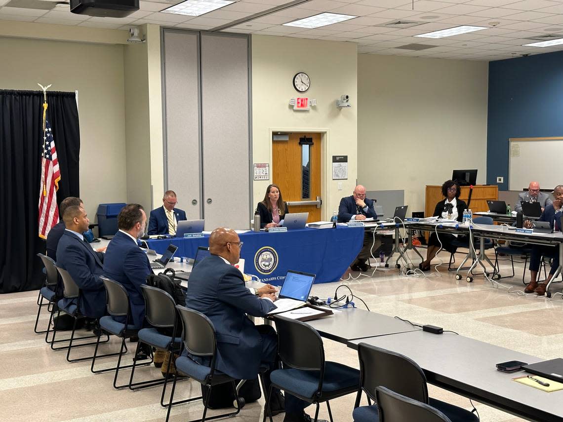 N.C. Department of Justice Criminal Bureau Chief Leslie Cooley Dismukes chairs a public meeting on new proposed rules over how concealed carry training is conducted at Wake Tech Community College on Wednesday, Aug. 9, 2023.