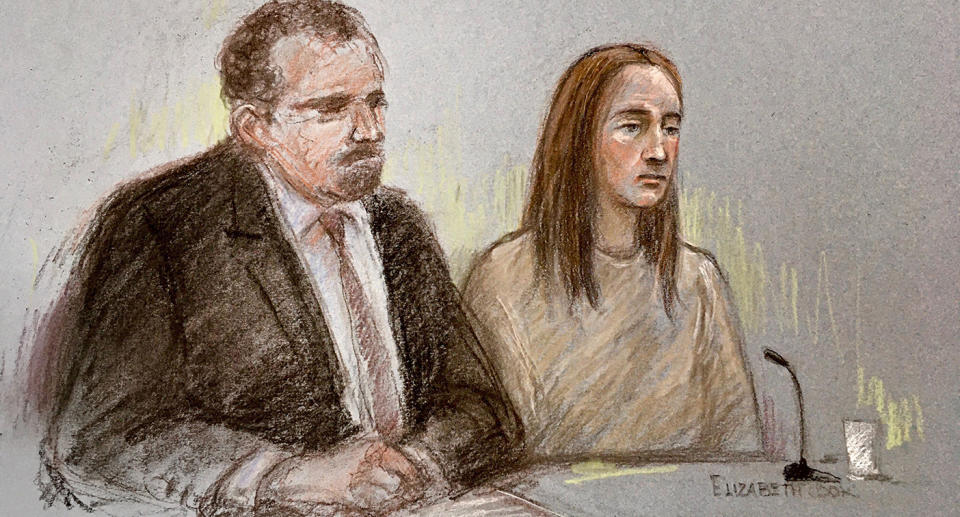 Court artist sketch of Lucy Letby, next to her solicitor Richard Thomas, appearing via video link at Warrington Magistrates' Court. Source: Elizabeth Cook/ AP