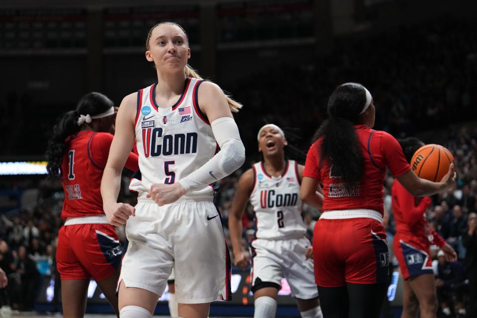 STORRS, CONNECTICUT - MARCH 23: Paige Bueckers #5 of the Connecticut Huskies reacts against the Jackson State Tigers during the first half of a first round NCAA Women's Basketball Tournament game at the Harry A. Gampel Pavilion on March 23, 2024 in Storrs, Connecticut. (Photo by Joe Buglewicz/Getty Images)