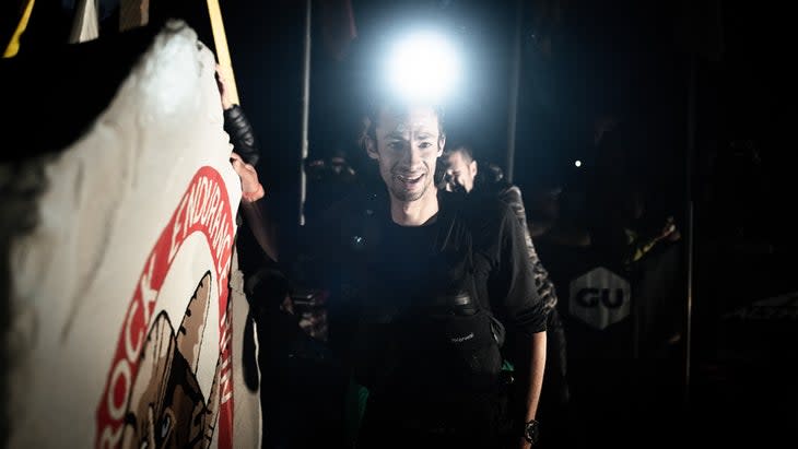 <span class="article__caption">Kilian Jornet after kissing the rock and setting the Hardrock 100 course record in 2022, in 21:36:24.</span> (Photo: Howie Stern)