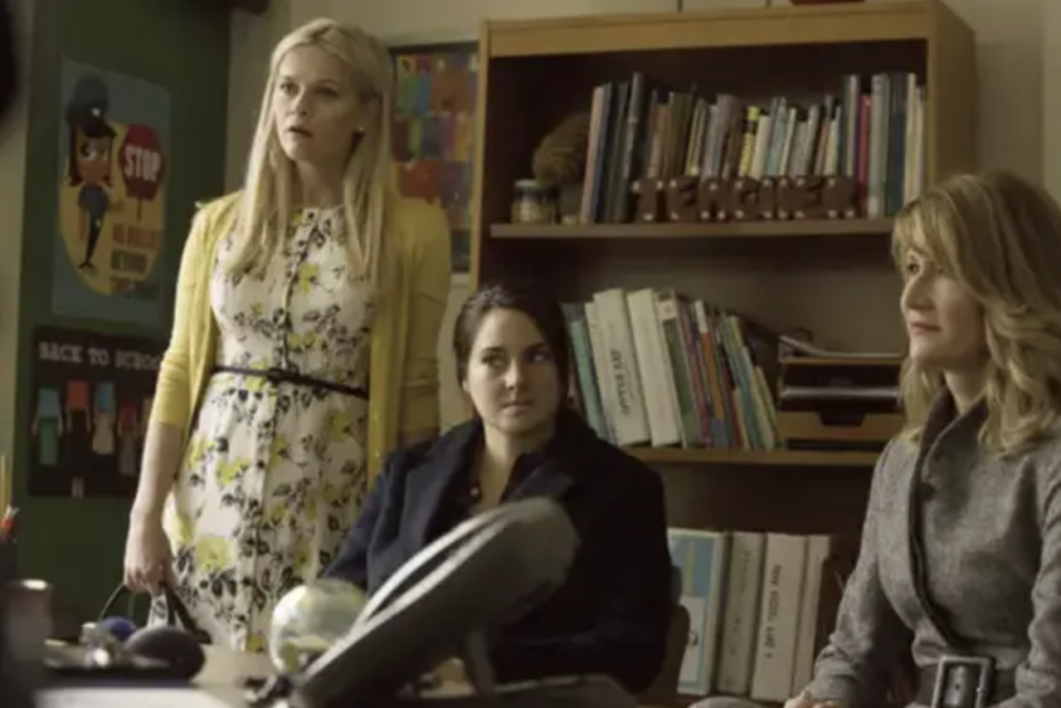 Reese Witherspoon, Laura Dern, and Shailene Woodley looking shocked in a scene from "Big Little Lies"