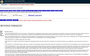 TESS record on the USPTO trademark search engine for the Company’s Beyond Tobacco™ trademark application in the United States (88956478)