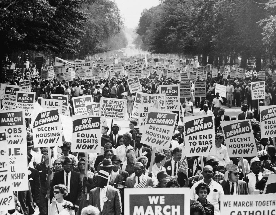 Between 200,000 and 500,000 demonstrators participate in the March on Washington for Jobs and Freedom, Aug. 28, 1963
