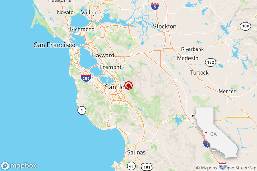 A quake Sunday struck less than a mile from San Jose, Calif., according to the U.S. Geological Survey.