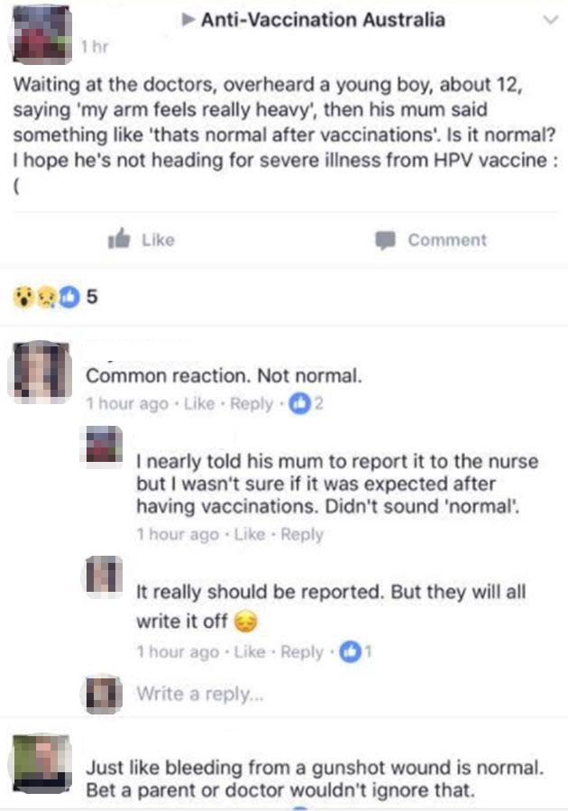 One woman shares her concerns after a boy in a doctor's waiting room complains of a sore arm following a vaccination. Note: According to the Australian government's immunisation website a sore arm following a vaccination is common.