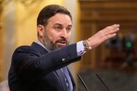 Santiago Abascal, leader of far-right party Vox, delivers his speech during a no confidence motion against the government at parliament in Madrid