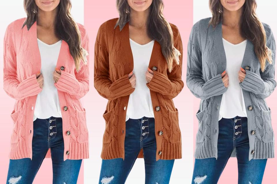 Three cardigans in pink, brown and gray.