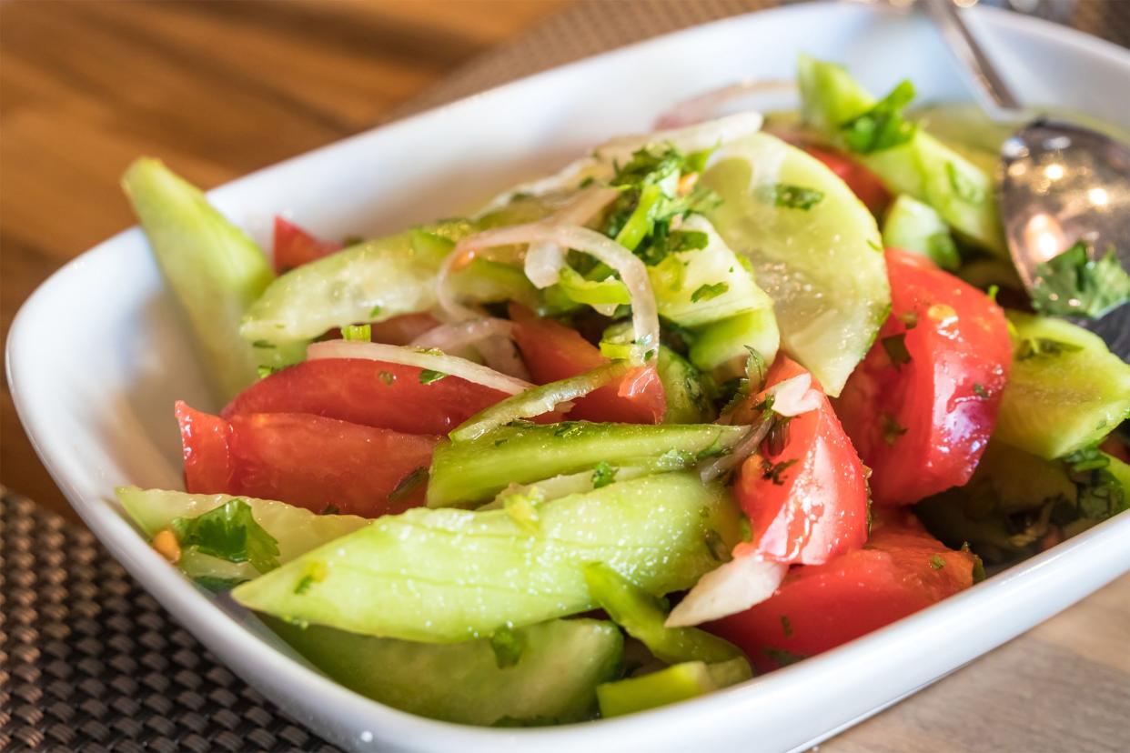 Cucumber Botana on rectangular white plate