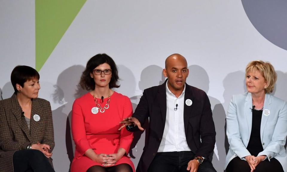 The Greens’ Caroline Lucas, the Lib Dems’ Layla Moran, Labour’s Chuka Umunna and the Conservatives’ Anna Soubry at a People’s Vote campaign event