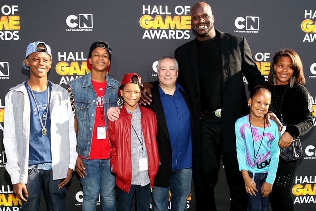 Jesse Grant/WireImage (L-R) Myles O'Neal, Shaqir O'Neal, Shareef O'Neal, President/COO of Cartoon Network, Stuart Snyder, host Shaquille O'Neal, Me'arah O'Neal and Taahirah O'Neal attend the Third Annual Hall of Game Awards hosted by Cartoon Network at Barker Hangar on February 9, 2013 in Santa Monica, California.