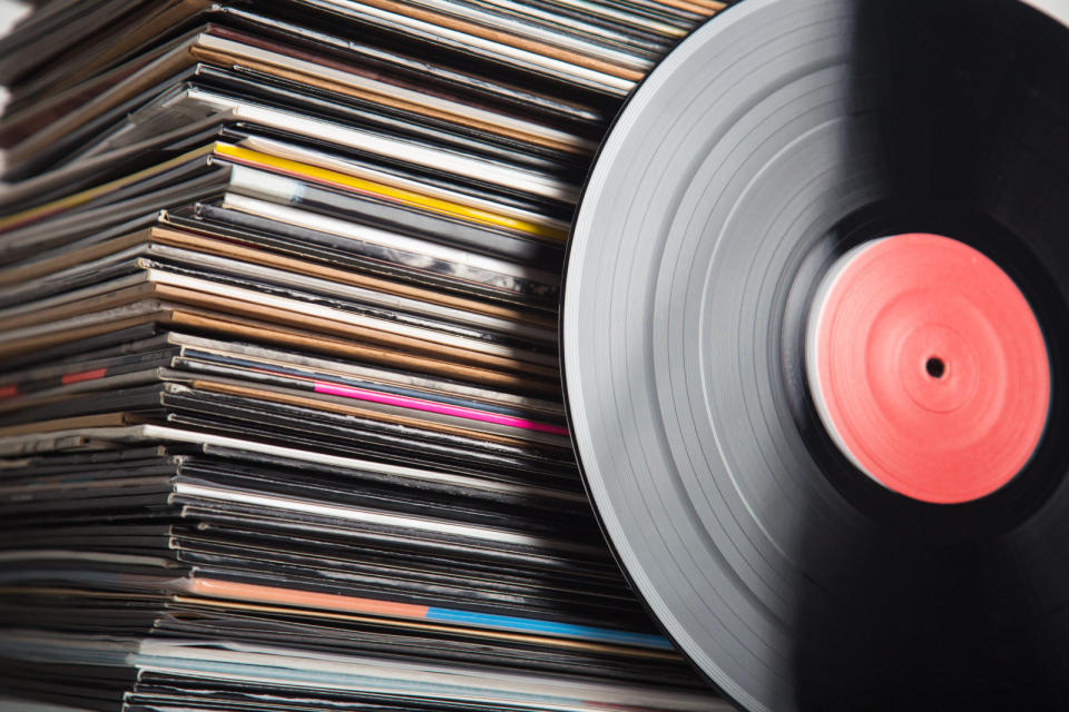 Stack of vinyl records closeup