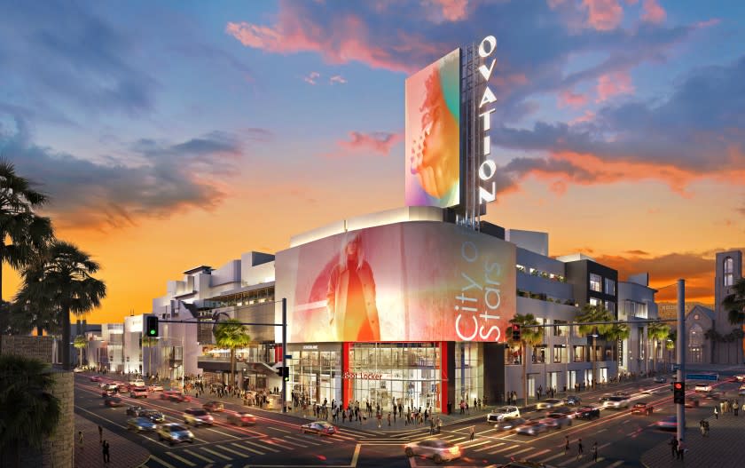 Rendering of the Hollywood & Highland shopping and entertainment center after a $100 million makeover by owners DJM and Gaw Capital USA. The complex in Hollywood will be renamed Ovation. (DJM/Gaw Capital)