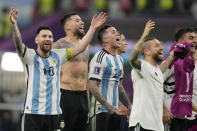 Argentina's players celebrate after the World Cup round of 16 soccer match between Argentina and Australia at the Ahmad Bin Ali Stadium in Doha, Qatar, Saturday, Dec. 3, 2022. (AP Photo/Frank Augstein)