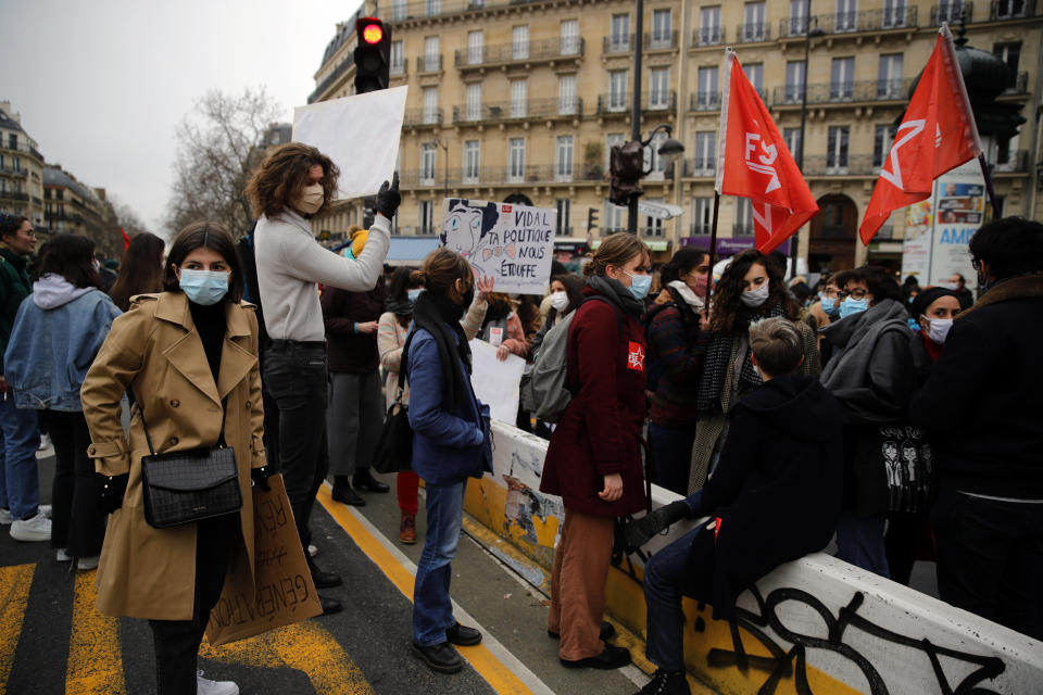 FILE - In this Tuesday Jan. 26, 2021 file photo students demonstrate in Paris to demand to be allowed back to class, and to call attention to suicides and financial troubles among students cut off from friends, professors and job opportunities amid the pandemic. (AP Photo/Christophe Ena, File)