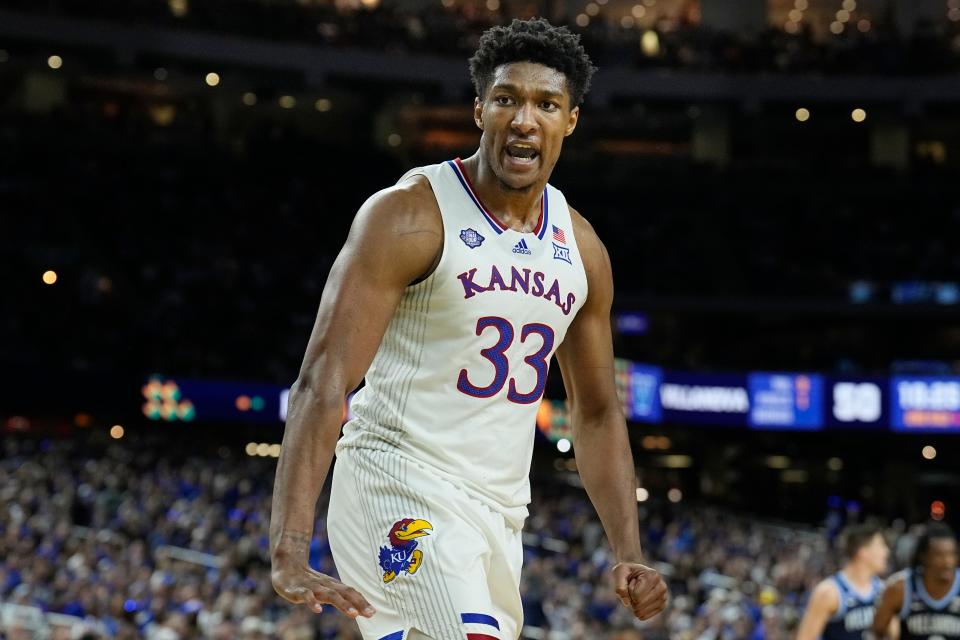 Kansas forward David McCormack reacts to a play during the second half of a Final Four game during the NCAA tournament against Villanova on April 2, 2022, in New Orleans.