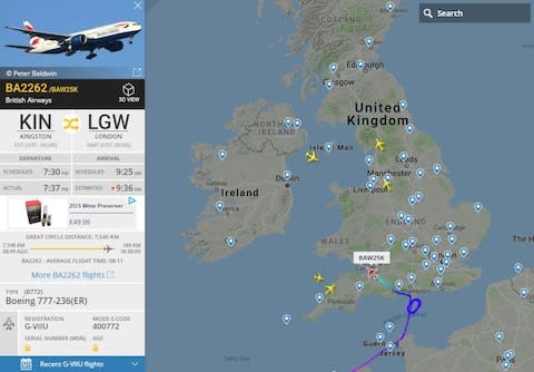 A BA flight from Kingston diverted away from London Gatwick after holding - Credit: flightradar24.com