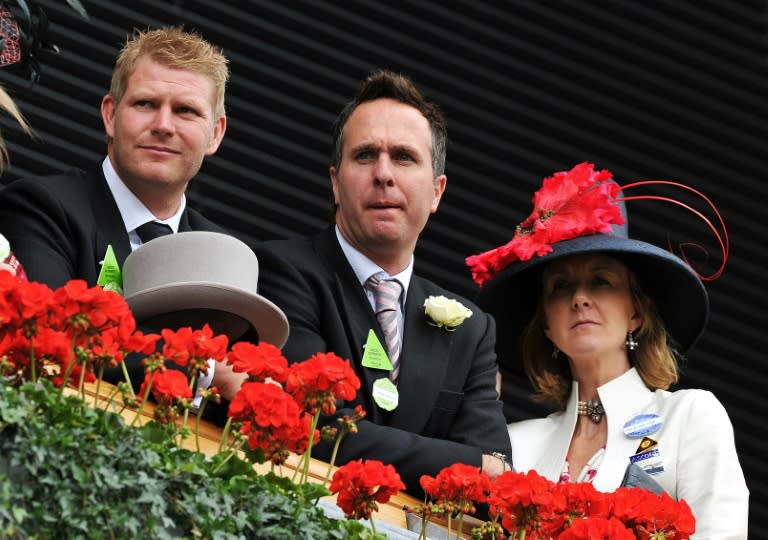 Former England cricket captain Michael Vaughan (C) with ex-teammate Matthew Hoggard (L) pictured at the Royal Ascot horse racing event near Windsor, Berkshire, west of London, on June 15, 2011