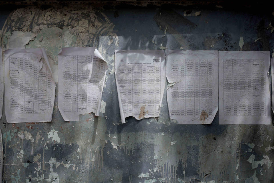 A worn-out list of registered names for aid by Relief International, part of the World Food Program, is posted in Aden, Yemen in this July 23, 2018 photo. The U.N.’s World Food Program has 5,000 distribution sites across the country targeting 10 million people a month with food baskets but says it can monitor only 20 percent of the deliveries. Armed factions on all sides of Yemen conflict are diverting aid for their own purposes, worsening the country’s humanitarian crisis, an AP investigation found. (AP Photo/Nariman El-Mofty)