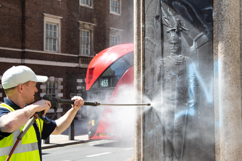 Equestrian statue of the Duke of Cambridge in Whitehall is being cleaned after it was graffitied with a slogan BLM. Clean up of historical statues after fourth consecutive week of Black Lives Matter protests in London. (Photo by Thabo Jaiyesimi / SOPA Images/Sipa USA)