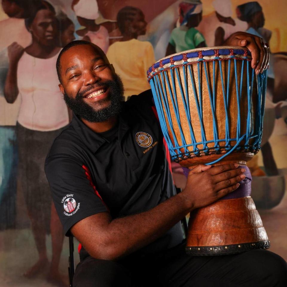 Qunyatta Warren, the LHCC’s new director, is photographed at the Little Haiti Cultural Complex and is passionate about African drumming. Warren love of the traditions of the African diaspora and their cultural expressions has become a focal point in the direction of the complex during a visit on Monday, November 6, 2023 in Miami’s Little Haiti neighborhood. Carl Juste/cjuste@miamiherald.com