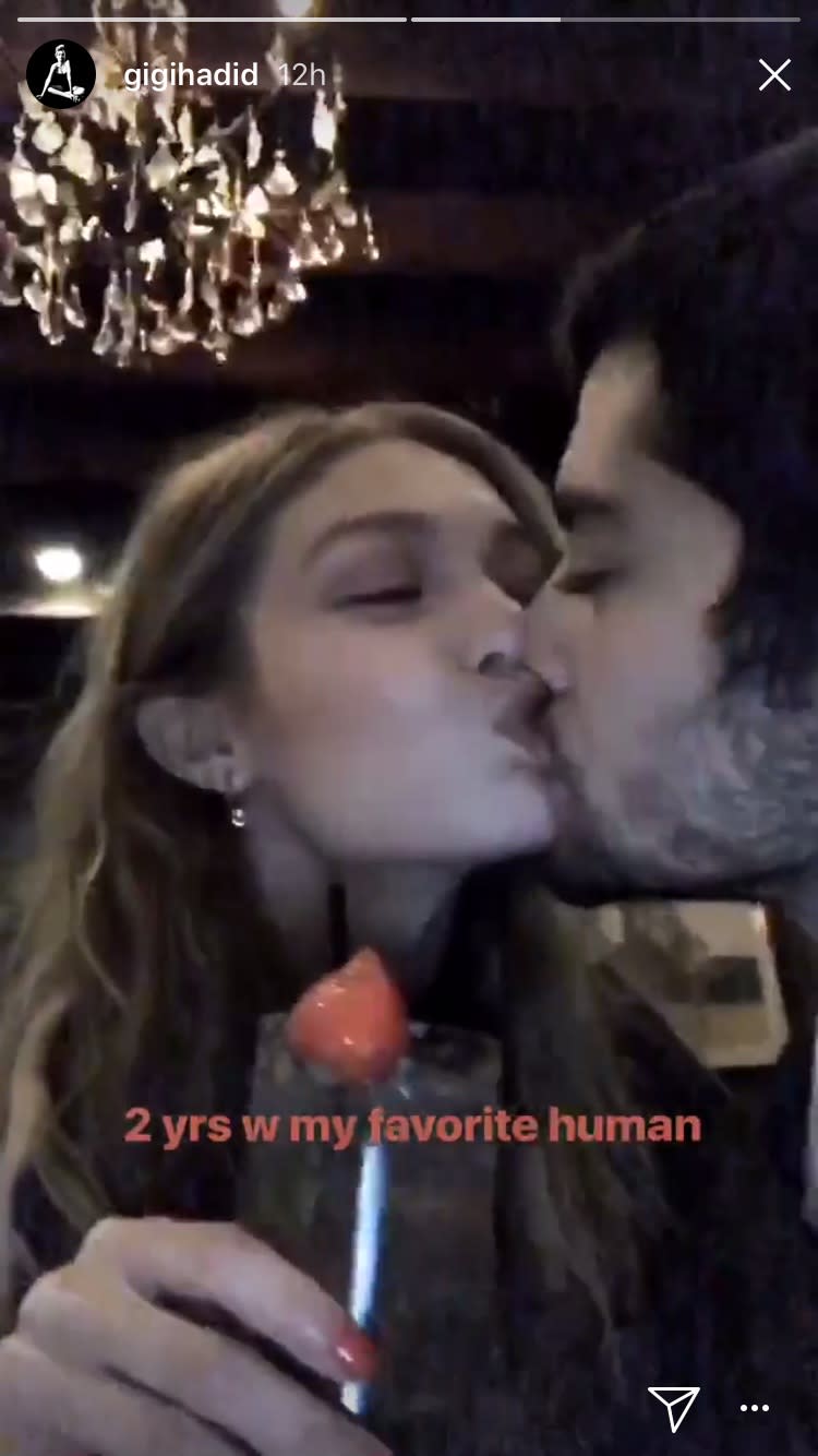 <p>The model and her sexy boyfriend, Zayn Malik, celebrated their love — and two years together — as Gigi added this snap to her Instagram story over the weekend. (Photo: <a rel="nofollow noopener" href="https://www.instagram.com/gigihadid/?hl=en" target="_blank" data-ylk="slk:Gigi Hadid via Instagram;elm:context_link;itc:0;sec:content-canvas" class="link ">Gigi Hadid via Instagram</a>) </p>