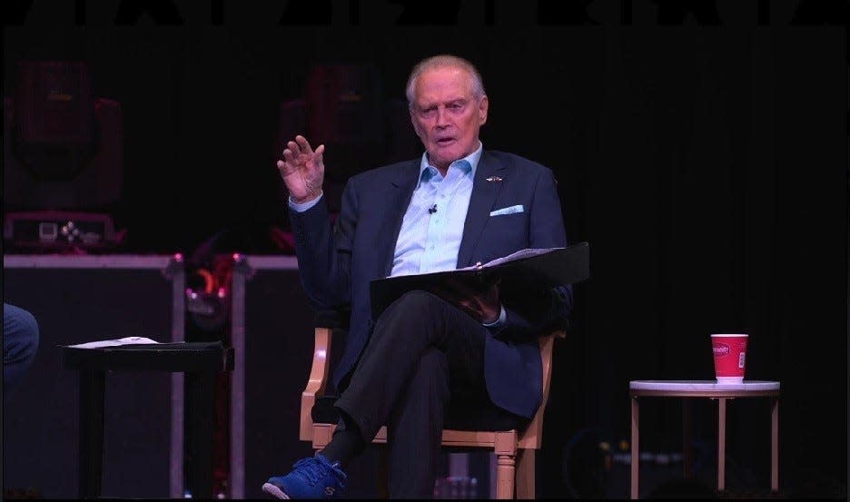 Actor Lee Majors offers amusing anecdotes about his friend Elvis Presley during a Conversations on Elvis event on Tuesday, Aug. 15, 2023, at the Graceland Soundstage in Memphis. The event was part of this year's Elvis Week.