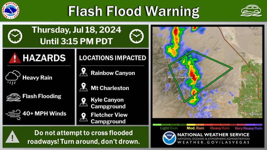 <em>The National Weather Service issues a flash flood warning for Mt. Charleston. (NWS)</em>