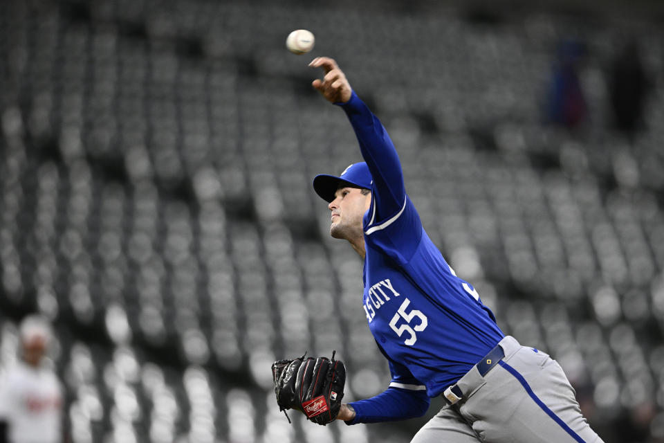 Kansas City Royals starting pitcher Cole Ragans throws during the second inning of the team's baseball game against the Baltimore Orioles, Wednesday, April 3, 2024, in Baltimore. (AP Photo/Nick Wass)