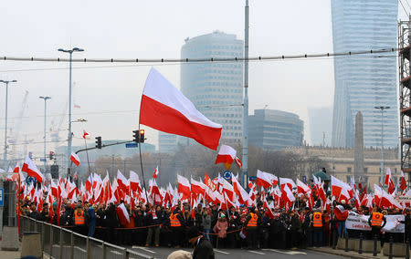 People wave Polish national flags before a march during the country's 100th Independence Day anniversary in Warsaw, Poland November 11, 2018. Agencja Gazeta/Agata Grzybowska via REUTERS