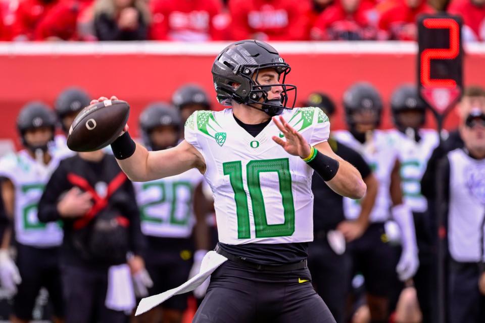 Oregon Ducks quarterback Bo Nix (10) throws the ball downfield against the Utah Utes during the first half at Rice-Eccles Stadium Oct. 28, 2023, in Salt Lake City.