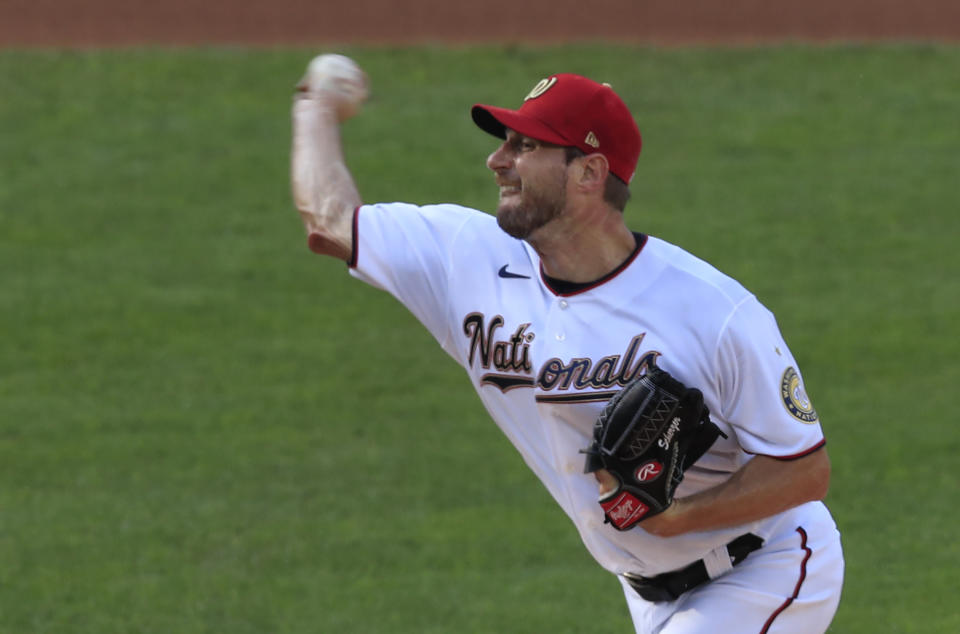 Washington Nationals starting pitcher Max Scherzer (31) throws during the first inning of a baseball game against the New York Mets in Washington, Wednesday, Aug. 5, 2020. (AP Photo/Manuel Balce Ceneta)