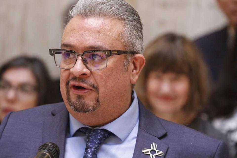 Democratic state Sen. Leo Jaramillo of Espanola speaks about stalled efforts to ensure paid family and medical leave at a news conference in the state Capitol building in Santa Fe, N.M., on Thursday, March 16, 2023.